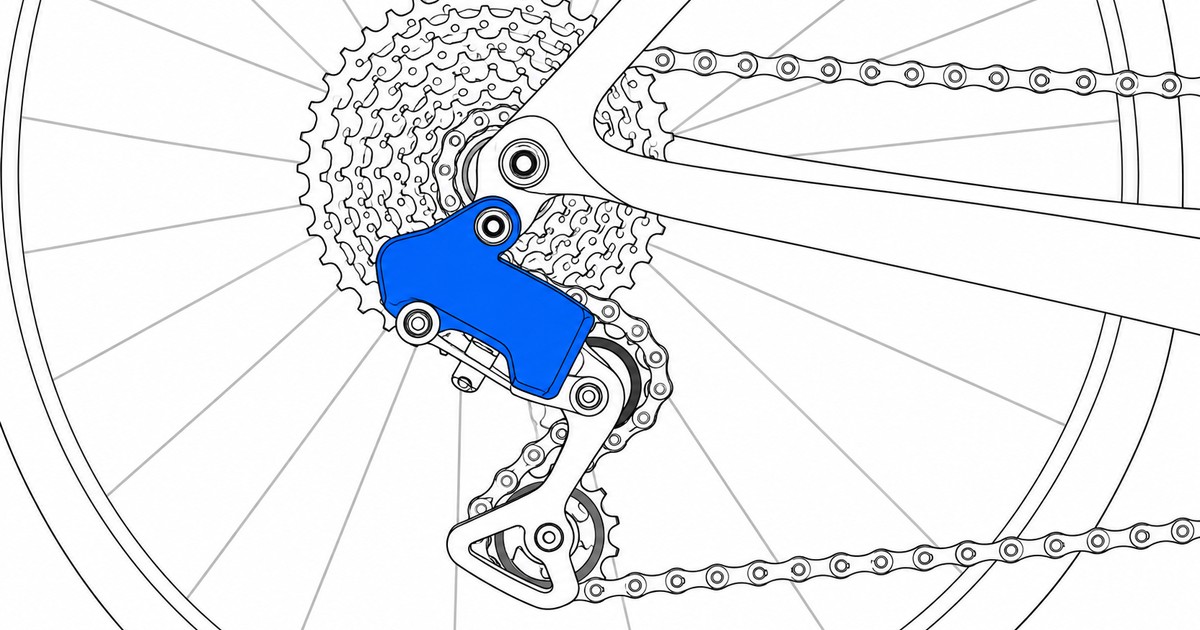 Lineární kresba řetězu, velké kazety a modré přehazovačky na zadním kole bicyklu.